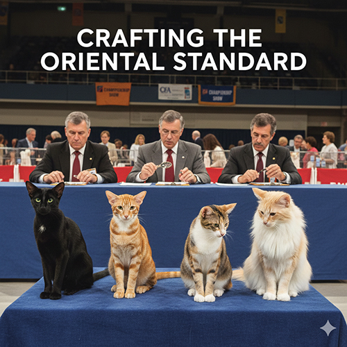 Các mèo Oriental nhiều màu lông được chấm điểm tại một cuộc thi mèo quốc tế