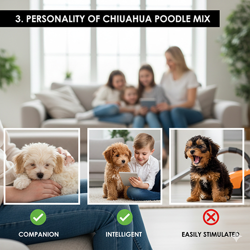 Ba khung hình minh họa tính cách Chihuahua lai Poodle: một bé được ôm trên tay, một bé chơi cùng trẻ em và một bé năng động đứng sẵn sàng, phía sau là gia đình đang ngồi trên sofa.