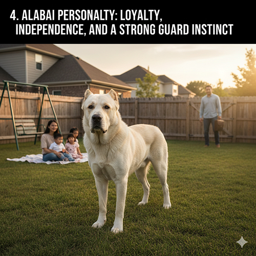 Chó Alabai đứng canh gác sân vườn gia đình với ánh mắt cảnh giác và điềm tĩnh