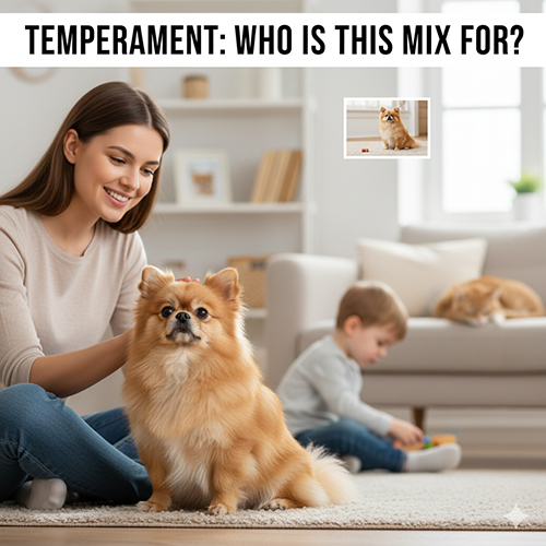 Chó Bắc Kinh lai Phốc Sóc ngồi cạnh chủ trong không gian gia đình có trẻ nhỏ