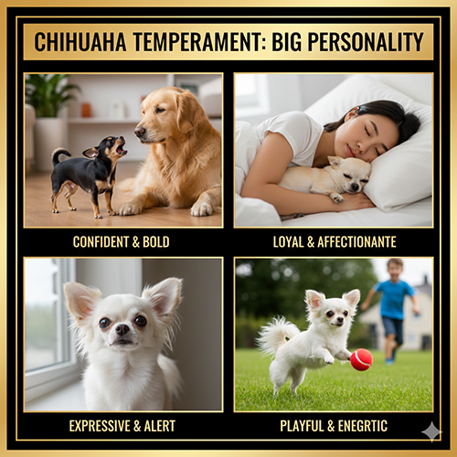 Tính cách chó Chihuahua gồm tự tin, trung thành, biểu cảm và năng động minh họa bằng bốn hình riêng biệt