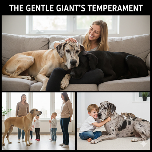 Chó Great Dane hiền lành nằm cạnh chủ, thân thiện với trẻ em và gia đình