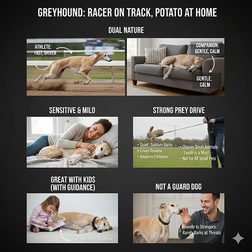 Tính cách chó Greyhound hiền lành, trầm tính trong nhà nhưng rất nhanh nhẹn ngoài sân