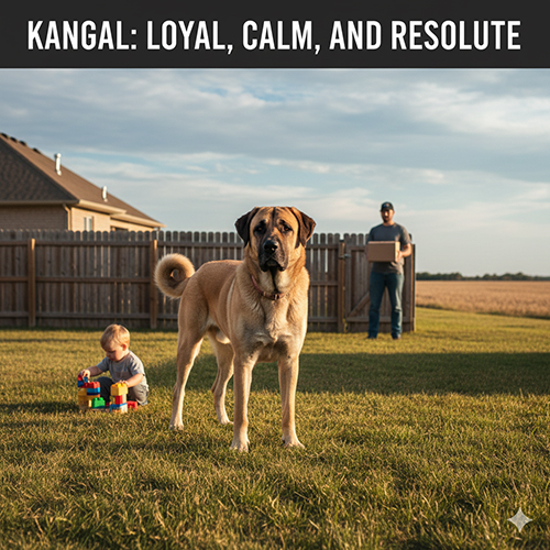 Hình chó Kangal đứng giữa sân nhà, phía sau là người lớn và trẻ em, thể hiện tính cách điềm tĩnh nhưng cảnh giác