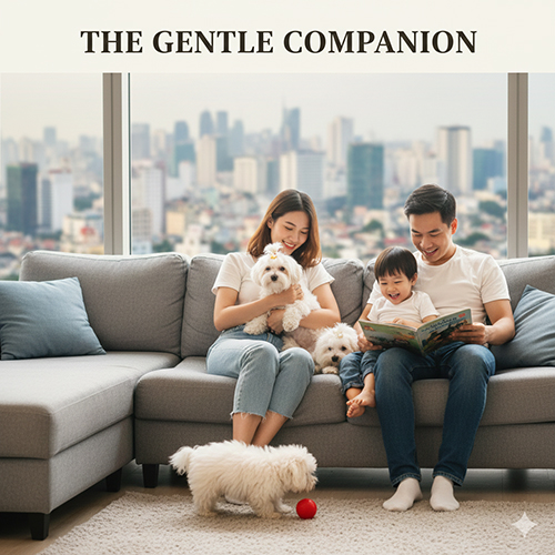 Chó Maltese thân thiện quấn quýt bên gia đình trong căn hộ