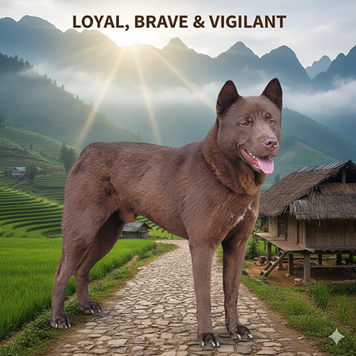 Ảnh chó Mông Cộc nâu đứng trên đường đá giữa bản làng vùng núi, thần thái cảnh giác nhưng thân thiện.