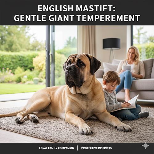 Chó Ngao Anh English Mastiff nằm cạnh trẻ nhỏ trong phòng khách, dáng vẻ trầm tĩnh và hiền lành