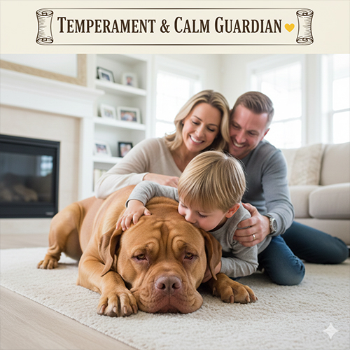 Chó Ngao Pháp Dogue de Bordeaux hiền hòa nằm cạnh gia đình, thể hiện tính cách điềm tĩnh và trung thành