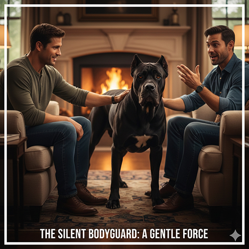 Chó Ngao Ý Cane Corso đứng cạnh chủ trong phòng khách, điềm tĩnh và cảnh giác