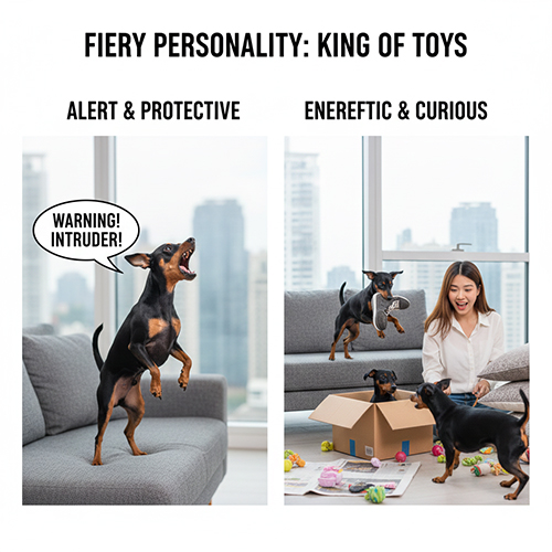 Hai khoảnh khắc đối lập của chó Phốc hươu: một bé sủa báo động khi có tiếng động lạ và một bé năng động, tò mò chơi cùng chủ – minh họa tính cách mạnh mẽ, cảnh giác và giàu năng lượng của giống.