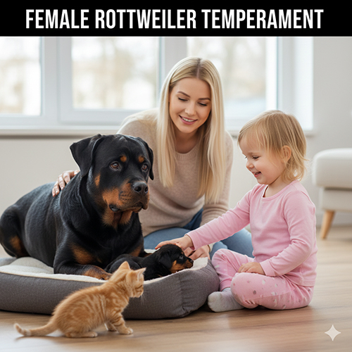Chó Rottweiler cái nằm cạnh trẻ nhỏ và chó con trong không gian gia đình