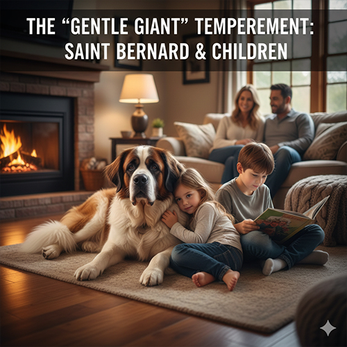 Chó Saint Bernard hiền lành nằm cạnh trẻ em trong không gian gia đình ấm áp