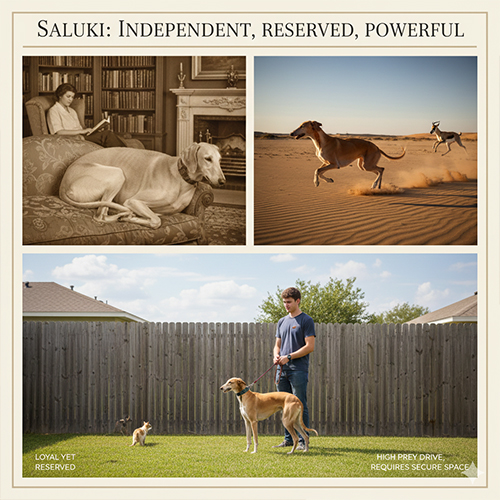 Tính cách chó Saluki độc lập, trầm lắng, trung thành và có bản năng săn mồi mạnh