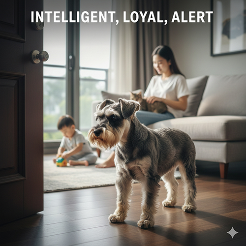 anh schnauzer dung truoc cua nha canh giac trong khi gia dinh dung choi ben trong