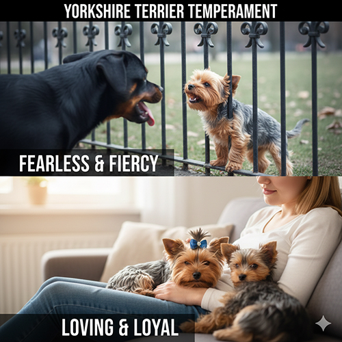Ảnh minh họa tính cách chó Yorkshire Terrier: gan lì khi đối diện chó lớn và tình cảm khi bên chủ.