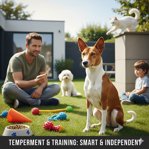 Chó Basenji ngồi tập trung trong buổi huấn luyện cùng gia đình thể hiện sự thông minh và độc lập