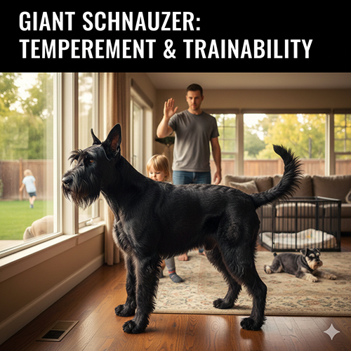 Giant Schnauzer đứng cảnh giác trong không gian gia đình, thể hiện bản năng bảo vệ và khả năng huấn luyện