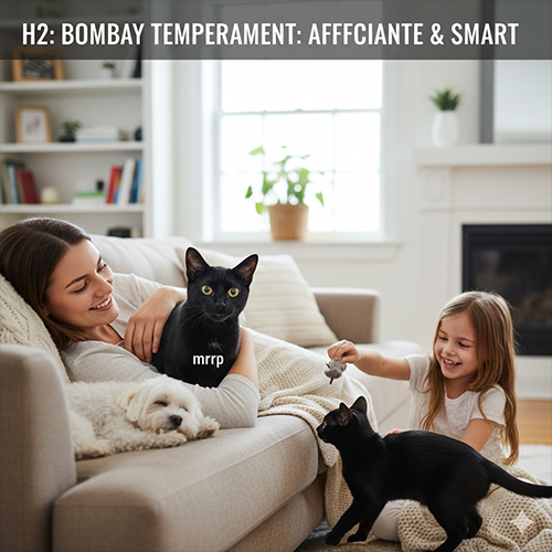 Mèo Bombay lông đen chơi đùa cùng gia đình có trẻ nhỏ trong không gian phòng khách ấm áp