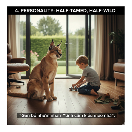 Mèo Caracal trong không gian gia đình nhưng vẫn giữ dáng vẻ cảnh giác và độc lập