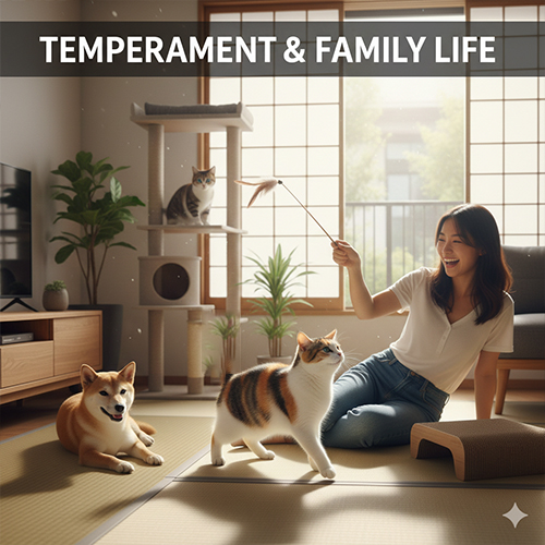 Mèo cộc đuôi Nhật Bản đang chơi đùa cùng chủ nhân và chó Shiba trong phòng khách