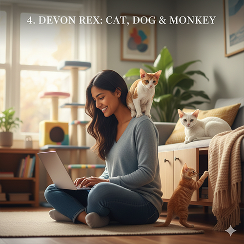 Mèo Devon Rex quấn quýt bên chủ nhân khi đang làm việc tại nhà