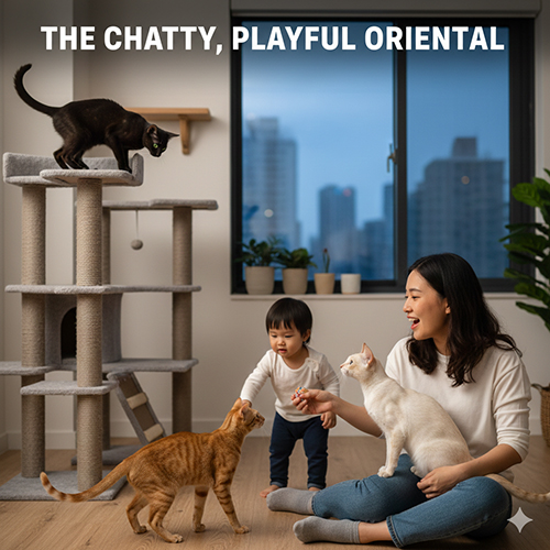Mèo Oriental chơi đùa cùng trẻ nhỏ và gia đình trong không gian căn hộ hiện đại