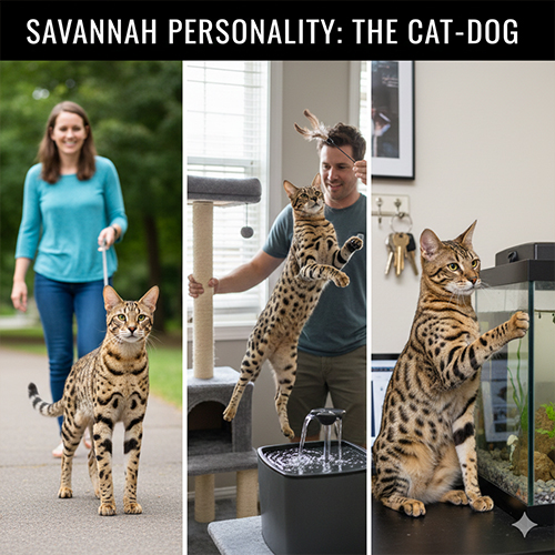 Mèo Savannah tương tác với con người, chơi đùa, vận động như một chú chó