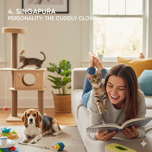 Mèo Singapura chơi đùa cùng người và thú cưng trong phòng khách, tính cách hiếu động và bám người