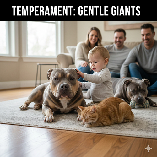 Chó Pocket Bully và Micro Bully nằm trong phòng khách cùng trẻ nhỏ và thú cưng khác