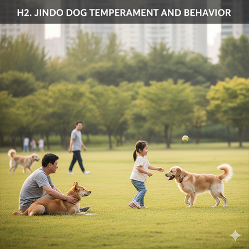 Chó Jindo Hàn Quốc chơi cùng trẻ em trong công viên, thể hiện tính cảnh giác và trung thành