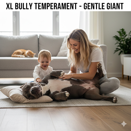 Chó XL Bully nằm ngửa thư giãn trong phòng khách, được mẹ và em bé vuốt ve, thể hiện tính cách hiền và tình cảm