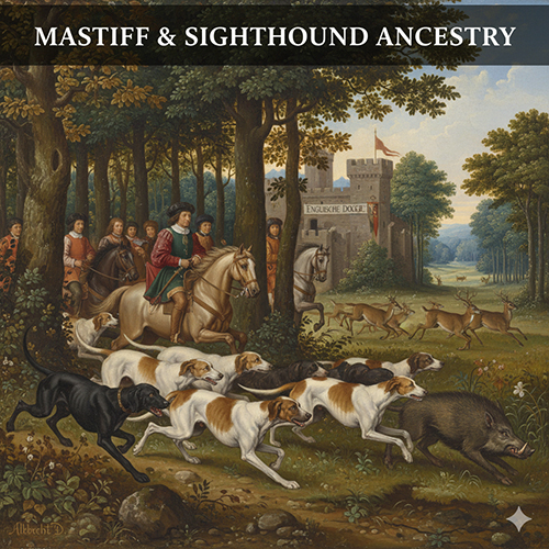 Minh họa chó săn khổng lồ châu Âu trung cổ truy đuổi lợn rừng, tổ tiên của Great Dane