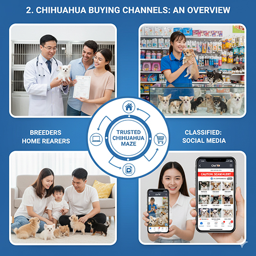 Ảnh tổng hợp các kênh mua bán Chihuahua gồm trại nhân giống, pet shop, người nuôi tại nhà, sàn rao vặt và mạng xã hội.