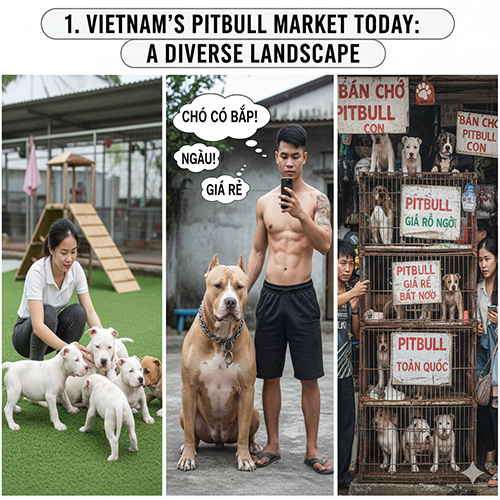 Ba hình ảnh mô tả thị trường mua bán chó Pitbull ở Việt Nam: trại uy tín, người nuôi theo phong trào và khu vực rao bán giá rẻ.