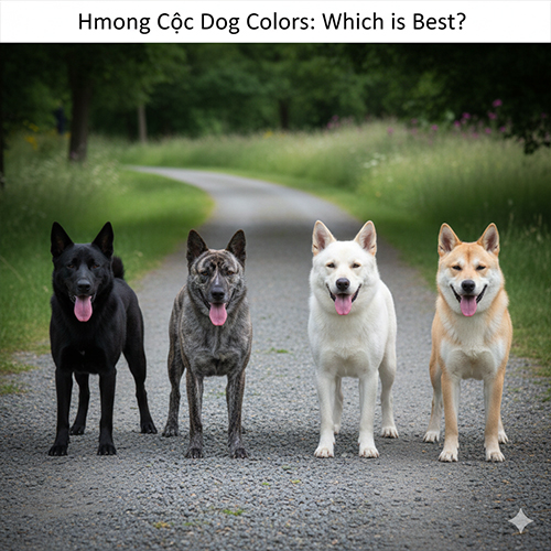 Tổng quan các màu lông chó Mông Cộc gồm đen xám trắng đỏ vàng và vện đứng cạnh nhau