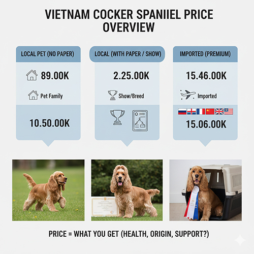 Tổng quan mặt bằng giá chó Cocker Spaniel tại Việt Nam theo từng phân khúc trong nước và nhập khẩu