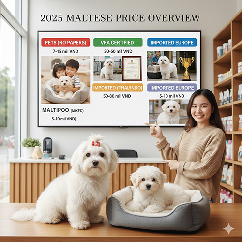 Tổng quan giá chó Maltese 2025 theo phân khúc: pet không giấy, VKA, nhập Thái/Indo và nhập châu Âu