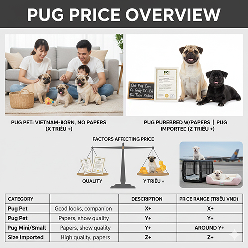 Infographic tổng quan giá chó Pug mặt xệ theo phân khúc pet, mini, thuần chủng và nhập khẩu