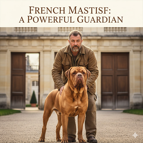 Chó Ngao Pháp Dogue de Bordeaux trưởng thành với thân hình lực lưỡng, đầu to nhiều nếp nhăn, đứng cạnh người nuôi