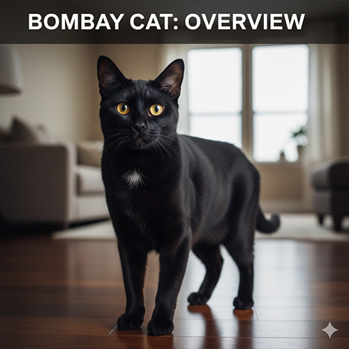 Mèo Bombay lông đen tuyền mắt vàng đồng đứng trong không gian phòng khách sang trọng