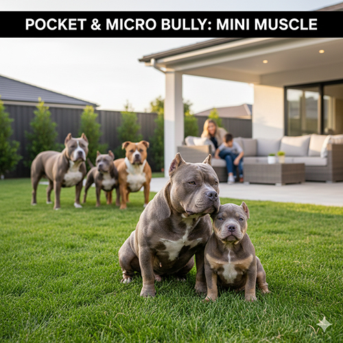 Chó Pocket Bully và Micro Bully ngồi trên bãi cỏ trước nhà, ngoại hình cơ bắp nhỏ gọn