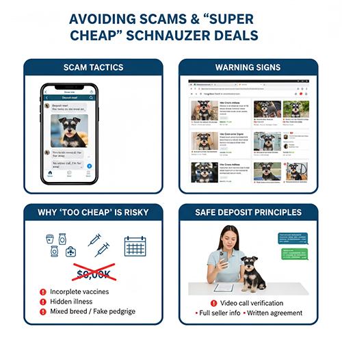 Các dấu hiệu lừa đảo và rủi ro khi gặp tin bán chó Schnauzer “giá siêu rẻ”, kèm nguyên tắc đặt cọc an toàn.