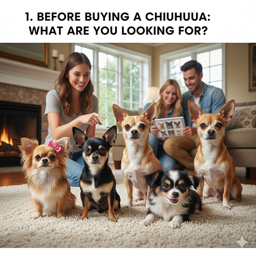 Ảnh một nhóm Chihuahua nhiều màu sắc đang ngồi cùng gia đình, minh họa bước xác định nhu cầu trước khi mua.