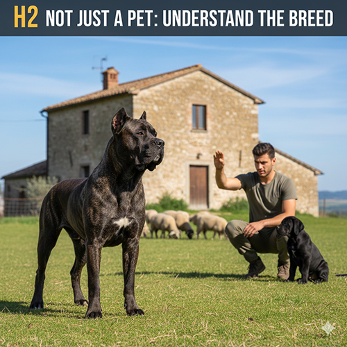 Chó Ngao Ý Cane Corso trưởng thành đứng canh giữ, thể hiện bản năng bảo vệ và sự điềm tĩnh