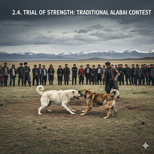 Hai chó Alabai tham gia cuộc thử sức truyền thống dưới sự giám sát của người chăn cừu