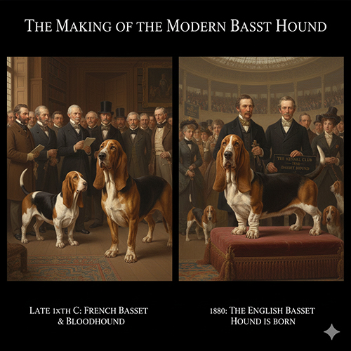 Ảnh minh họa quá trình Basset Pháp được người Anh chọn lọc và lai tạo (có lai Bloodhound) để hình thành diện mạo Basset Hound hiện đại, được Kennel Club Anh công nhận