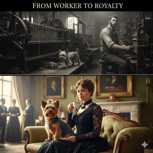 Ảnh đối lập cuộc đời chó Yorkshire Terrier: từ làm việc trong nhà máy đến trở thành thú cưng của giới quý tộc.