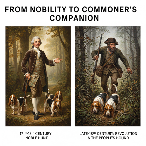 Ảnh minh họa hành trình Basset Hound từ chó săn của giới quý tộc thế kỷ 17–18 đến “chó của người dân” sau Cách mạng Pháp
