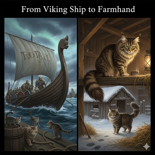 Minh họa mèo rừng Na Uy trên tàu Viking bắt chuột và mèo trong kho nông trại tuyết trắng