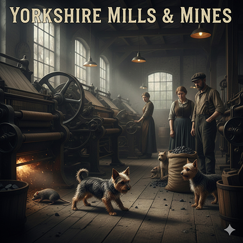 Ảnh mô phỏng nhà máy dệt và mỏ than xưa ở Yorkshire với các chú chó sục nhỏ săn chuột.